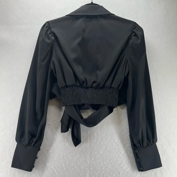 QED London Blouse Womens Sz 4 Tie Knot Cropped Long Sleeve Back Shirred Black - Picture 4 of 11
